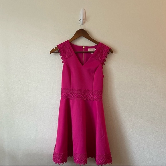 Ted Baker Elayna Tiered Pink Lace Sleeveless V-Neck Mini Bright Skater Dress - Picture 1 of 6